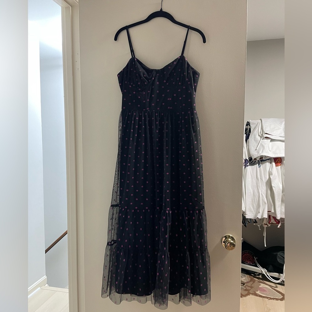 Betsey Johnson Black Midi Dress with glittery Pink lip Print